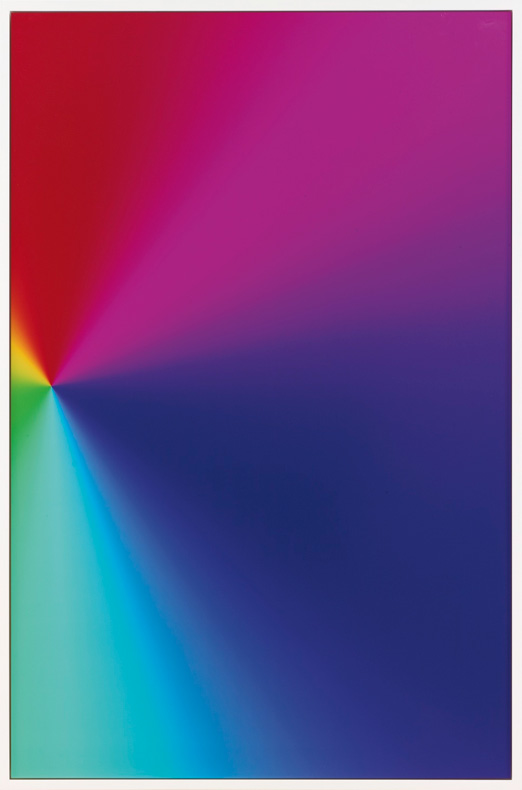 Cory Arcangel, Photoshop CS: 110 by 72 Inches, 300 dpi, RGB, Square Pixels, Default Gradient “Yellow, Blue, Red, Green”, Mouse Down Y=22700, X=10850, Mouse Up Y=30900, X=1900